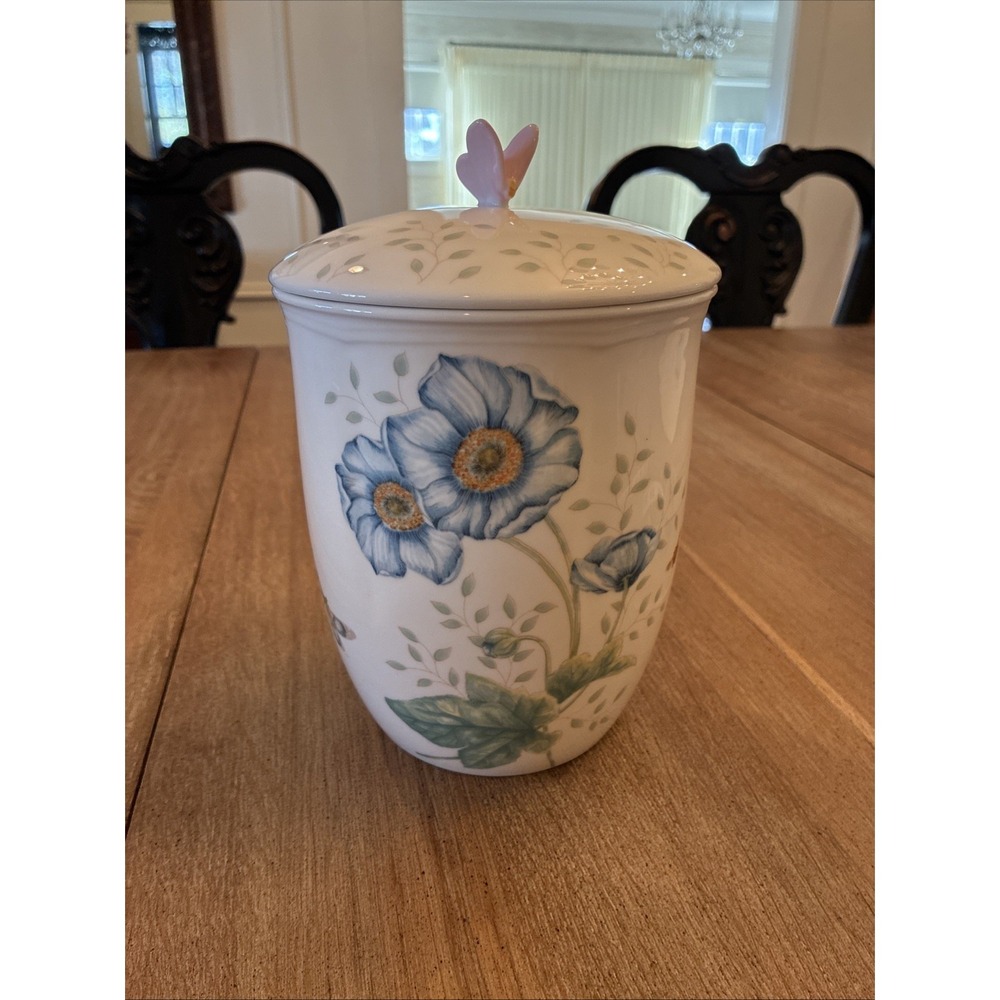 Lenox Pink Canister Or Cookie Jar BUTTERFLY MEADOW Flower Bees 8.5" w/Lid Large